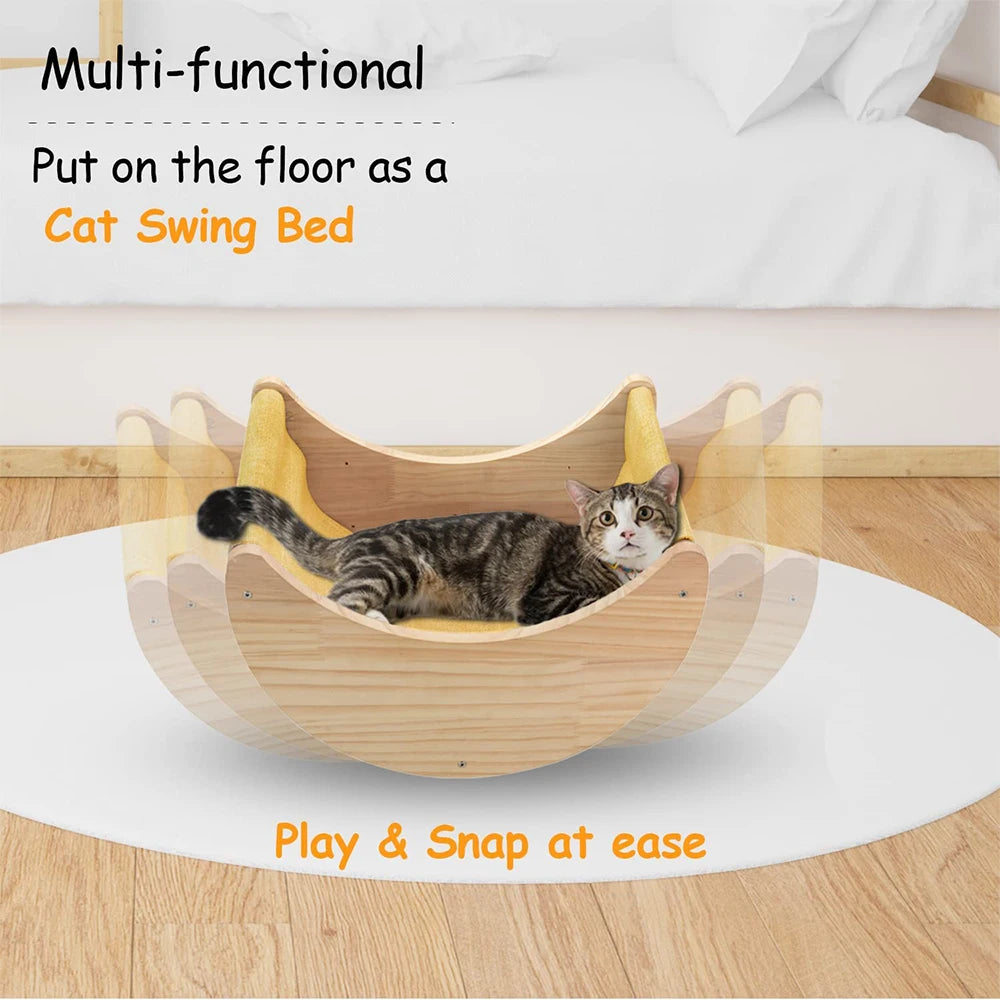 Cat Wall Shelf Moon Shaped Hammock Solid Wood Climbing Steps Indoor Furniture
