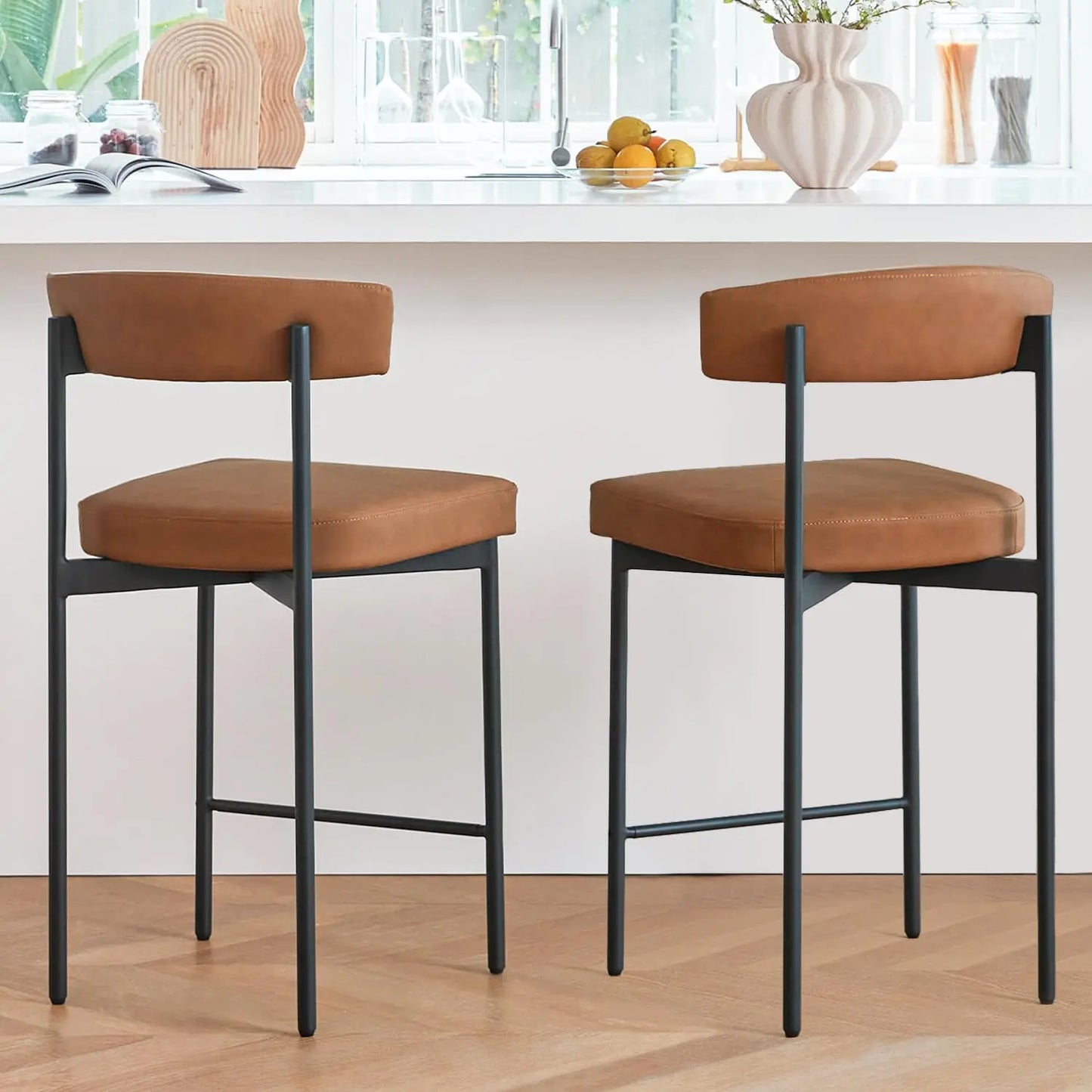 Brown Modern Bar Stools Set of 2 Faux Leather Curved Backrest Kitchen