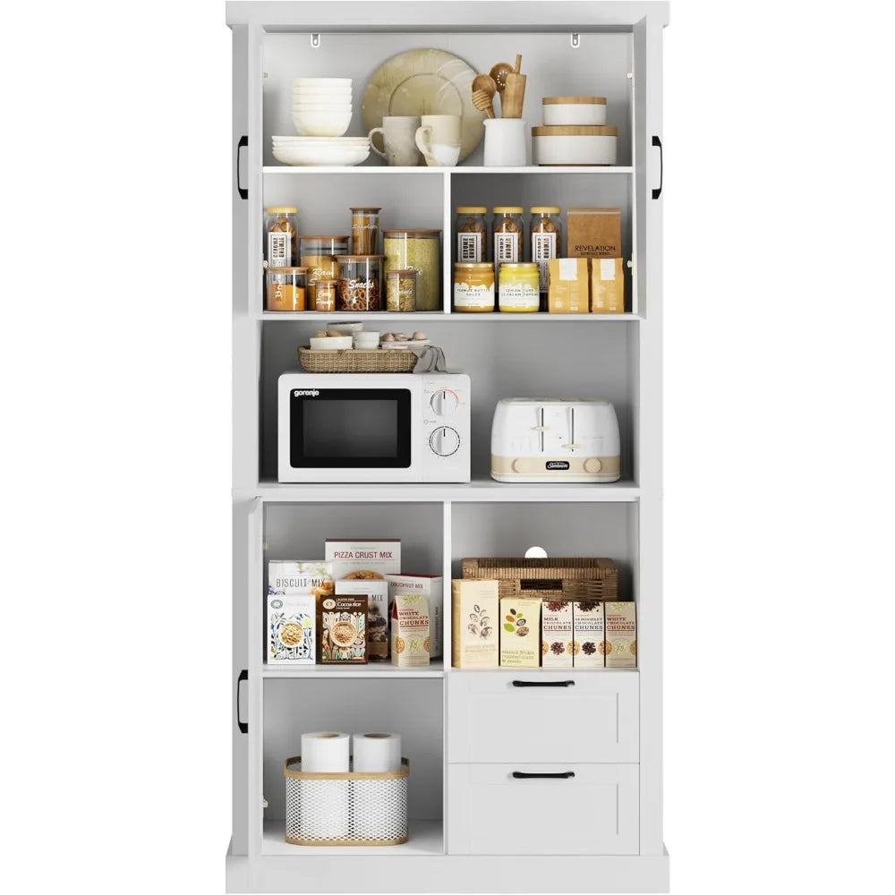 76 Inch Tall Farmhouse Kitchen Pantry Cabinet Storage Hutch with Drawers