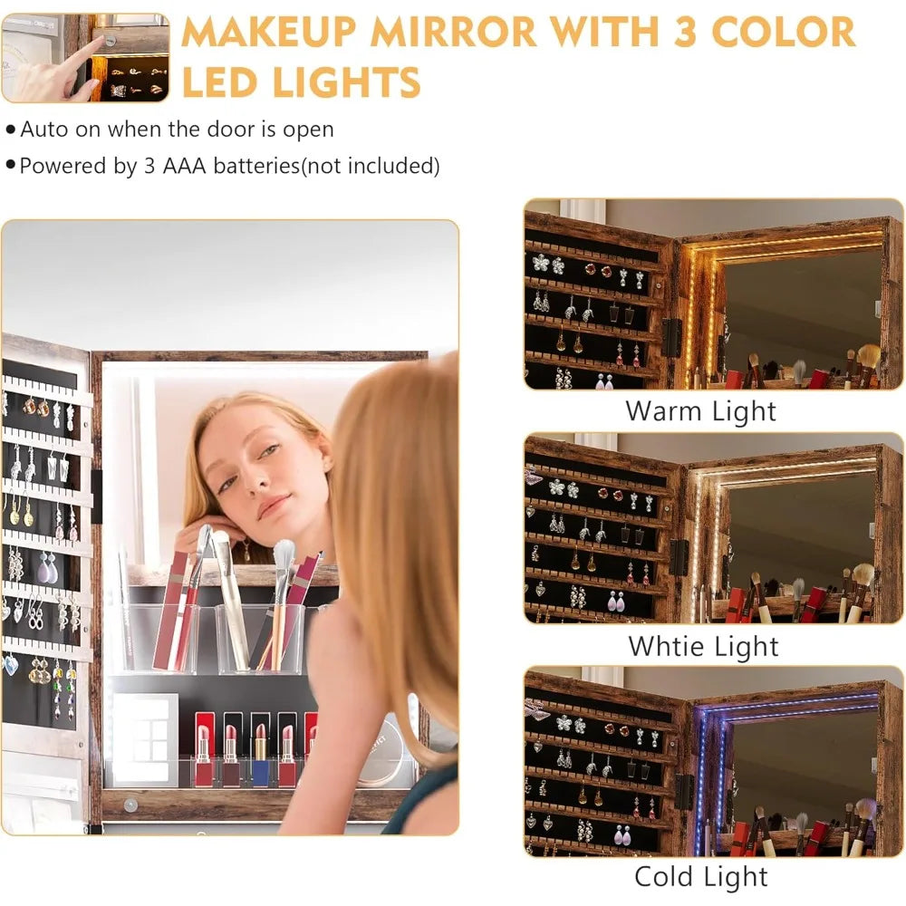 360 Degree Rotating Jewelry Cabinet with Adjustable Lighting and Mirror