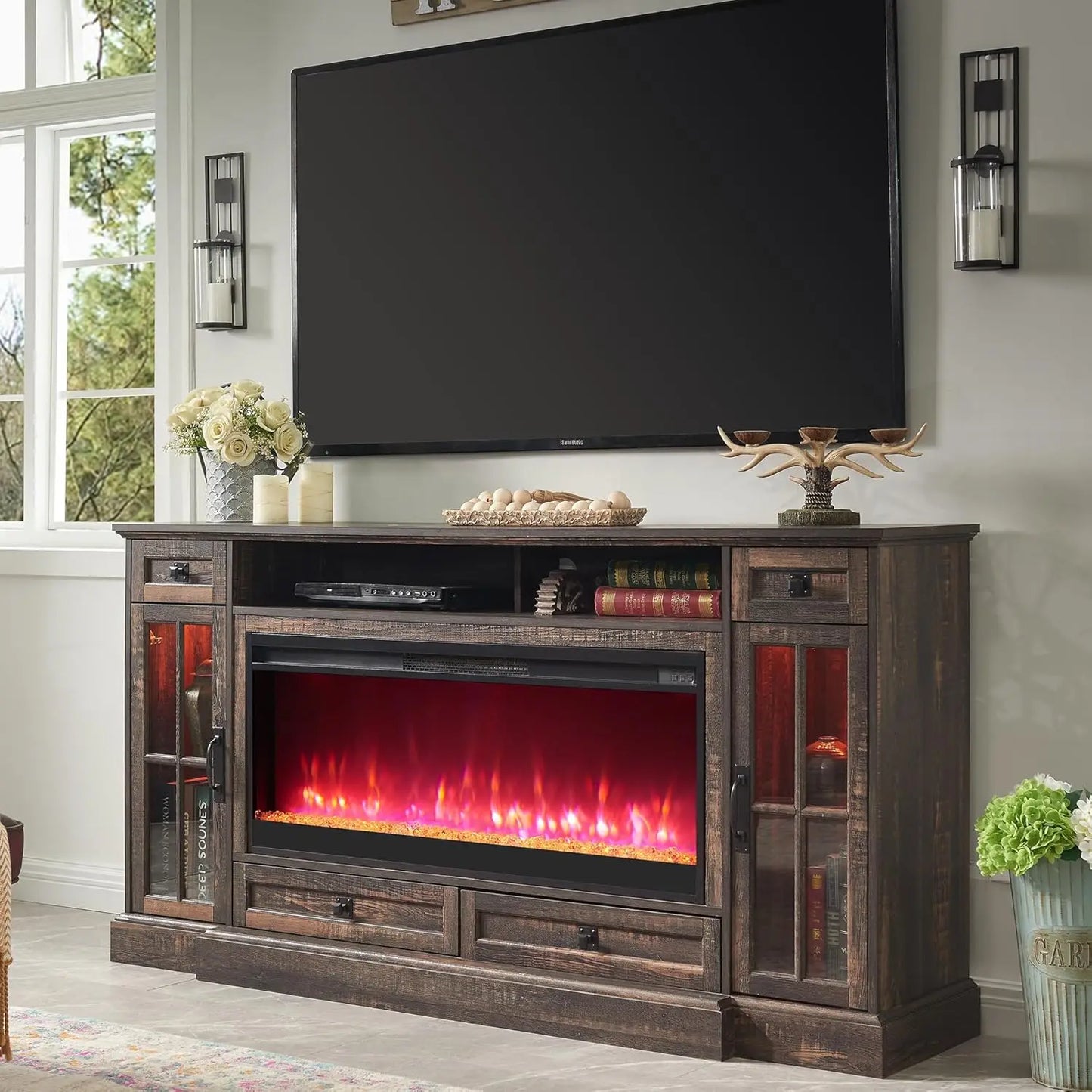 Fireplace TV Stand for 80 Inch TV Farmhouse Entertainment Center LED Lights