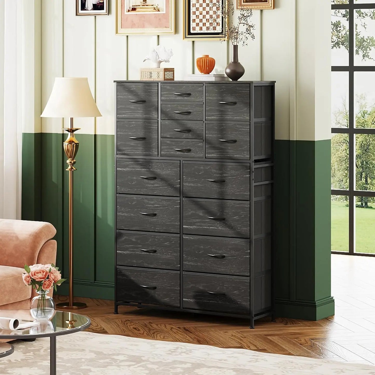 16 Drawers Dresser, Tall Dresser for Bedroom, Closet, Hallway, Storage Dresser Organizer Unit, Charcoal Black Wood Grain Print