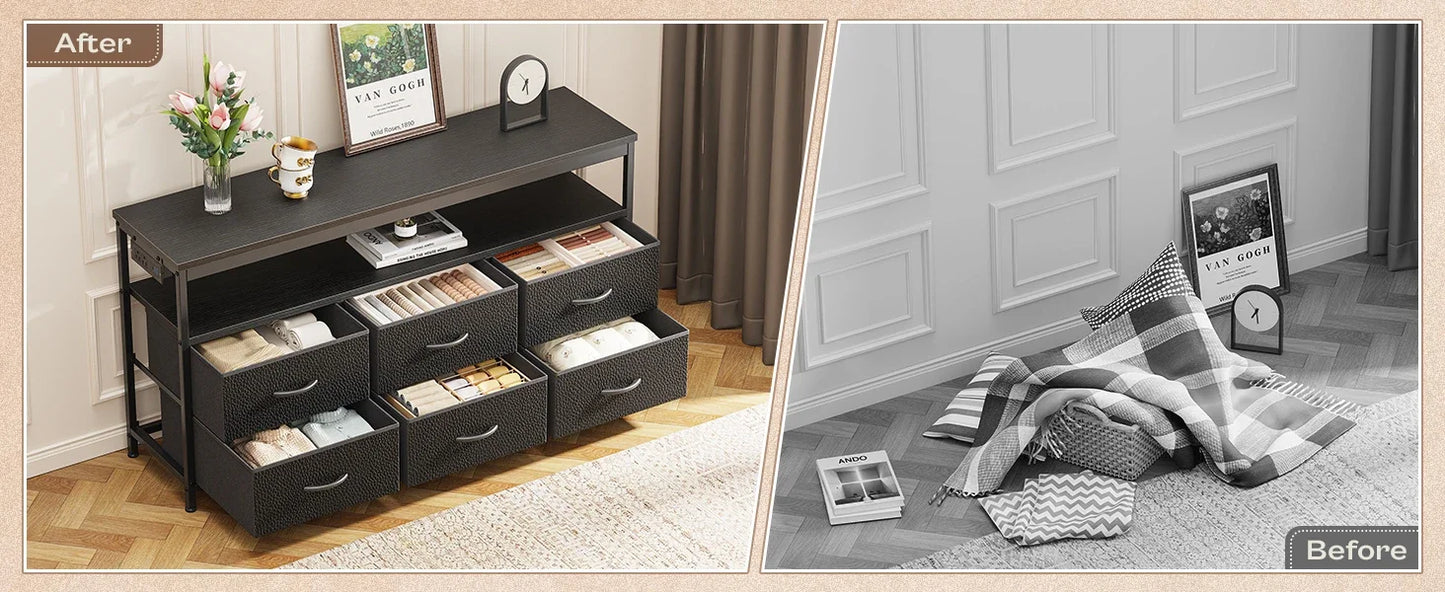 LED TV Stand 47 Inch Fabric Dresser with Power Outlets and 6 Drawers