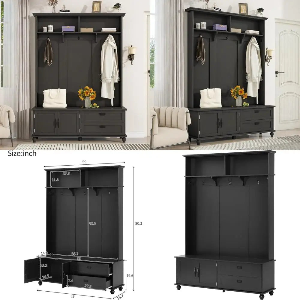 Rustic Hallway Tree with Cabinet and Shelves for Entryway Organization