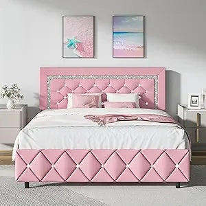 Ljustra Full Platform Bed Frame Upholstered Diamond Headboard