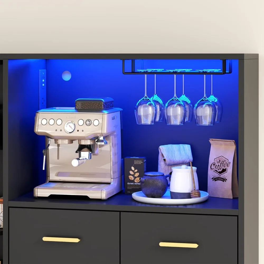 Kitchen Pantry Storage Cabinet with Charging Station LED Lights Wine Rack