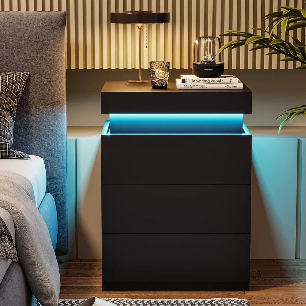 Nightstand with Charging Station LED Lights Modern Bedside Table Storage