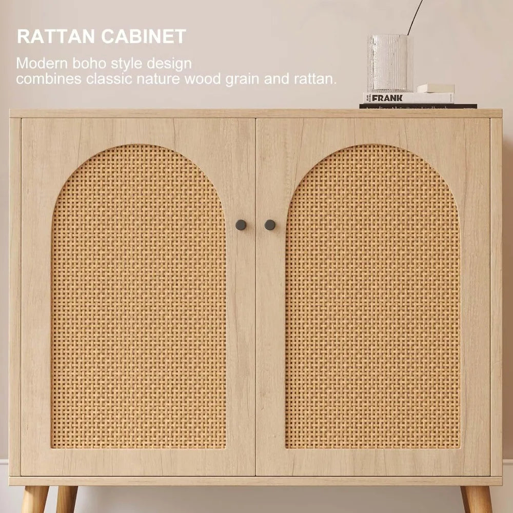 Storage Cabinet Rattan Doors Oak Buffet Sideboard Adjustable Shelf