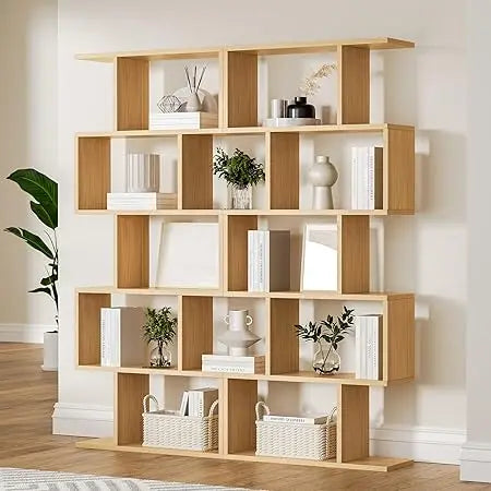 Oak 5-Tier Geometric Bookcase S-Shaped Display Shelf Set of 2