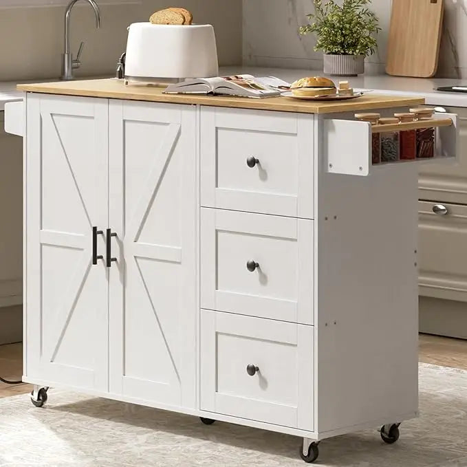 Kitchen Island with Power Outlet Rolling Cart Storage 3 Drawers Adjustable