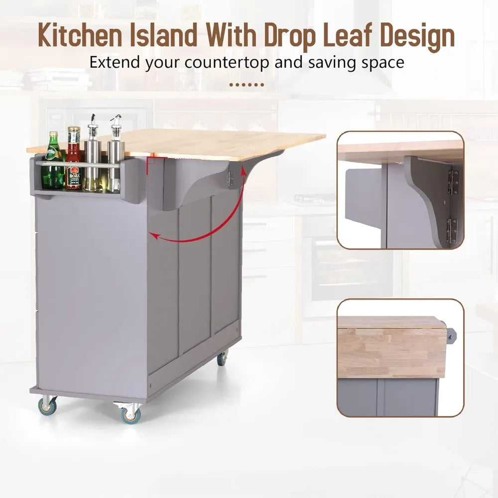 Rolling Kitchen Island on Wheels with Drop Leaf and Storage Drawers