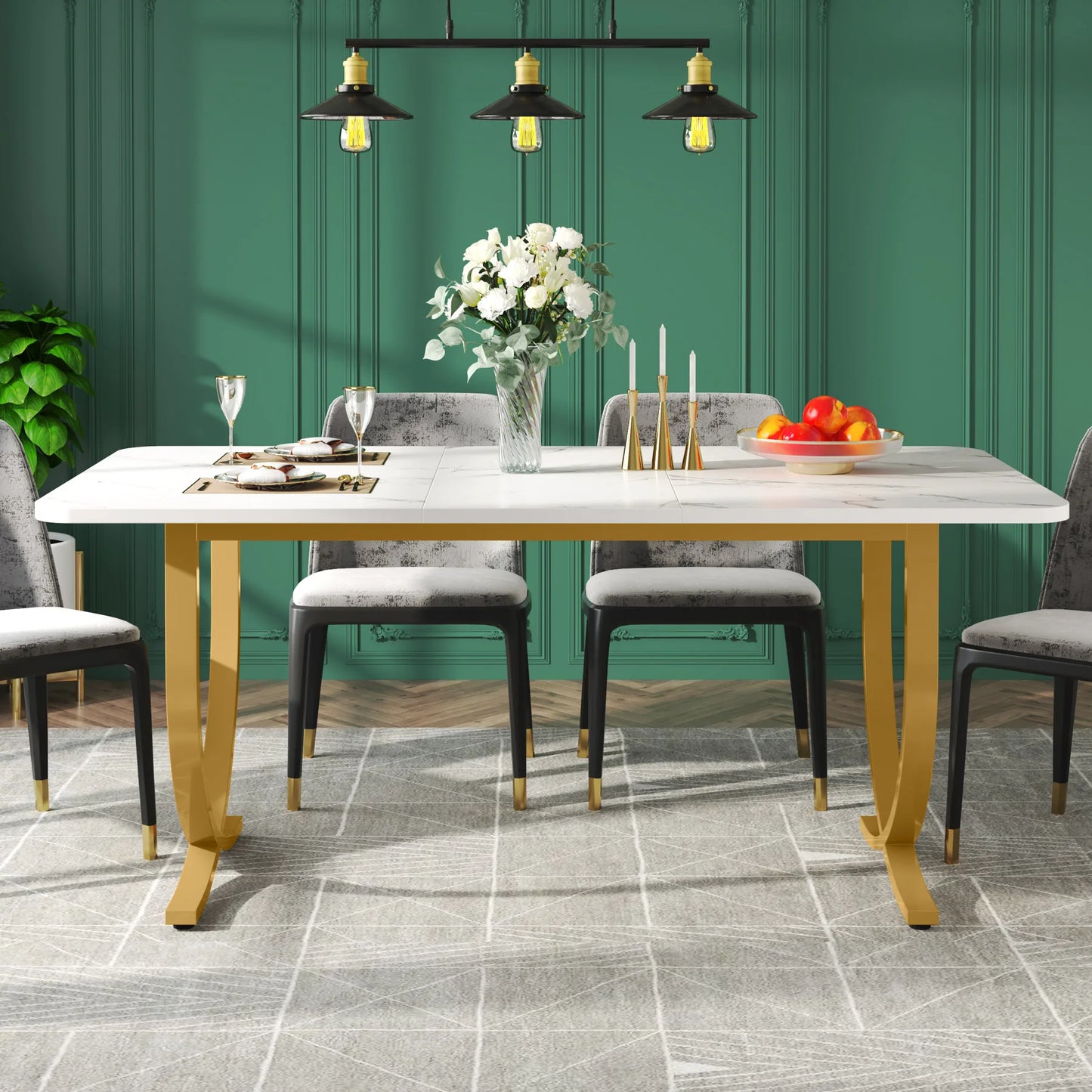 Ljustra 63 Inch Dining Table Rectangular Kitchen Faux Marble Modern Design