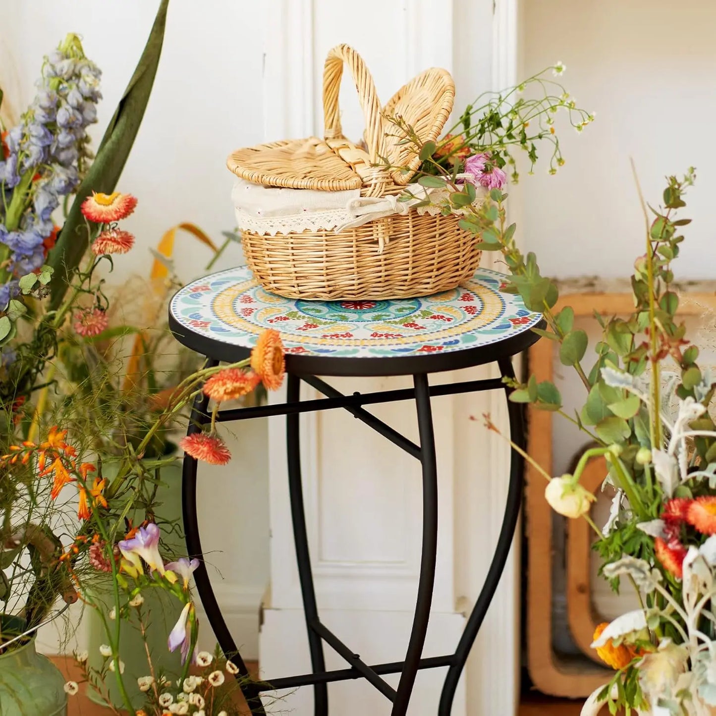 21 Inch Mosaic Plant Stand Round Side Table Indoor Outdoor Accent Table