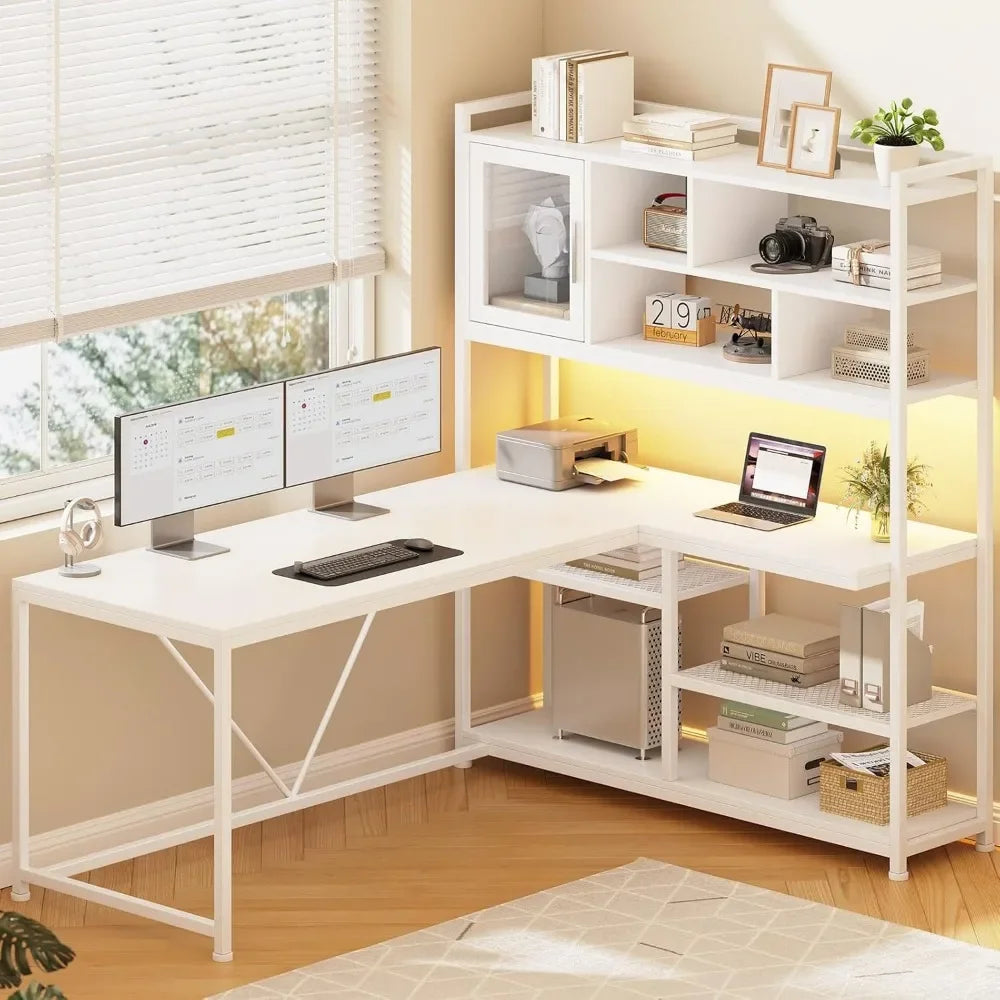 L Shaped Computer Desk with LED Light and Bookshelf for Home Office