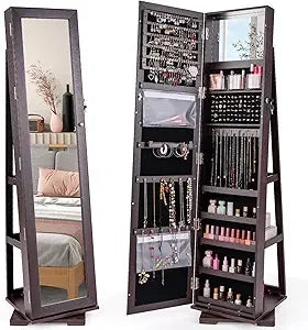 360° Swivel Jewelry Armoire Full Length Mirror Lockable Cabinet Organizer