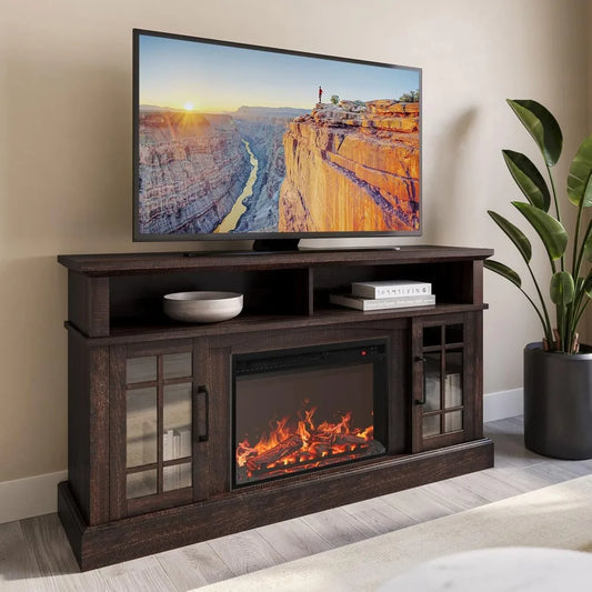 Rustic 58 Inch TV Stand with Electric Fireplace and Sound System