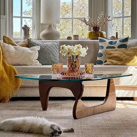 Triangular Glass Coffee Table with Wooden Base Mid-Century Modern Style