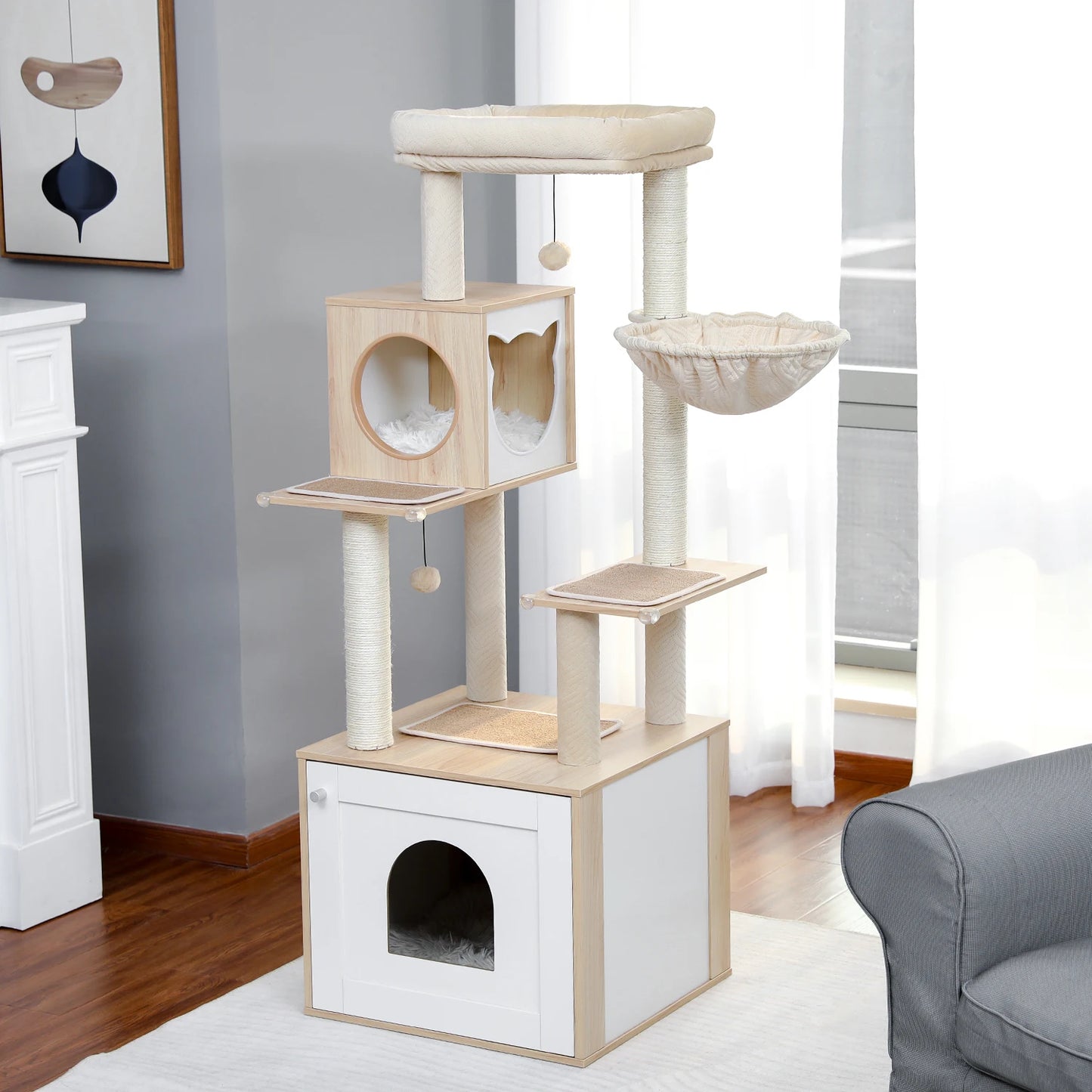 Multi-Level Cat Tree Indoor Wood Tower with Hammock Scratching Posts
