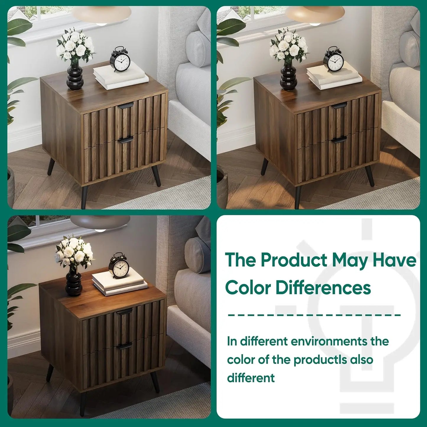 Walnut Mid Century Nightstand with 2 Drawers Modern Bedside Table