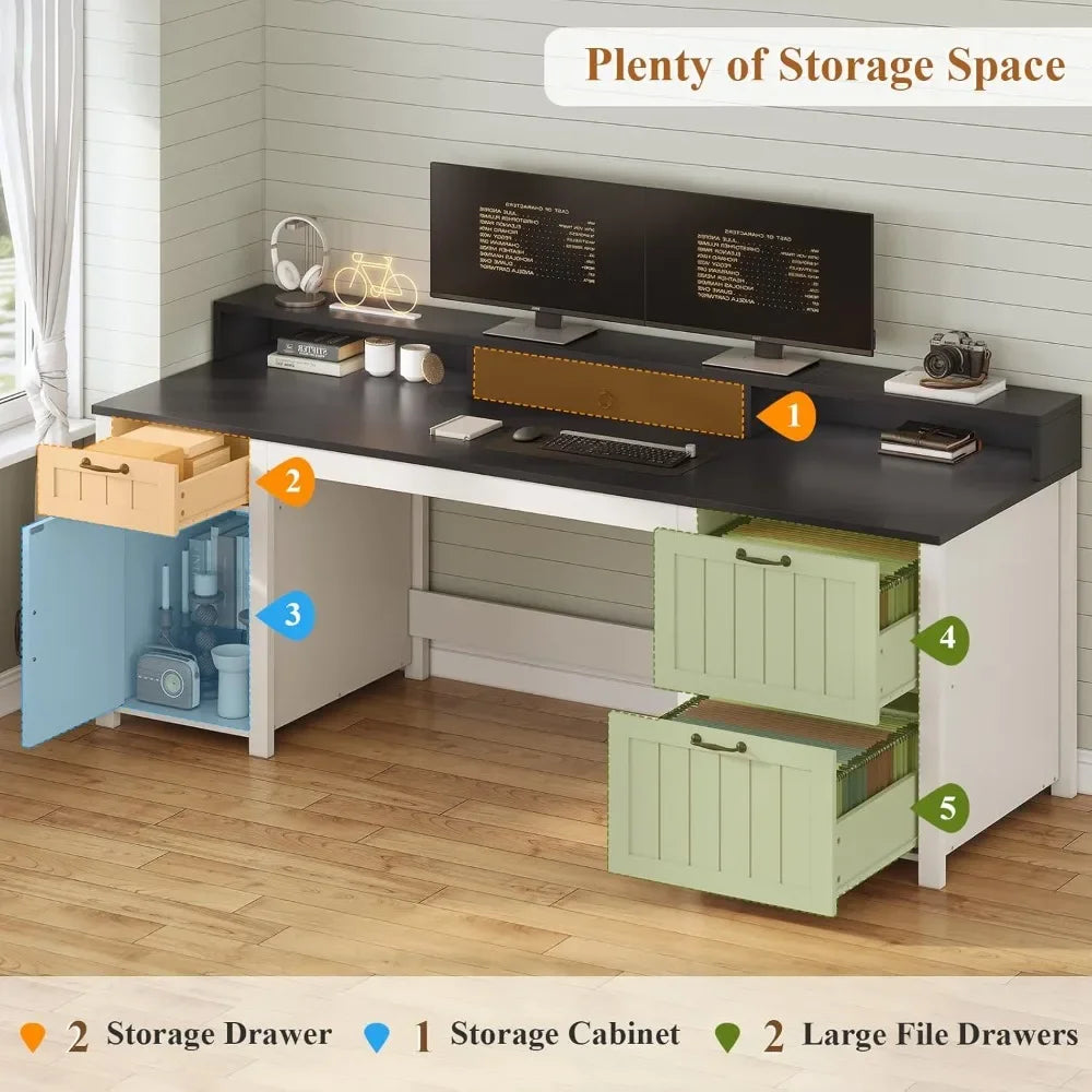 Farmhouse Executive Desk with File Drawer and Monitor Stand for Home Office