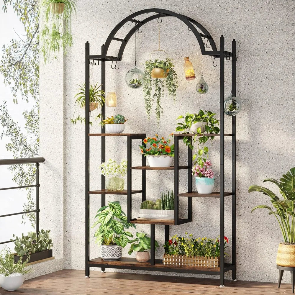 5-Tier Tall Indoor Plant Stand Arched Metal Flower Shelf with Hooks