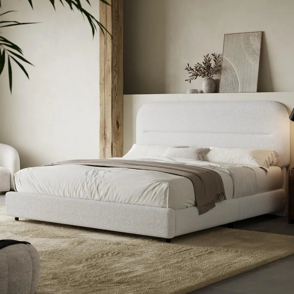 Boucle Upholstered Bed Frame Modern Soft Cloud Bed Frame with Headboard