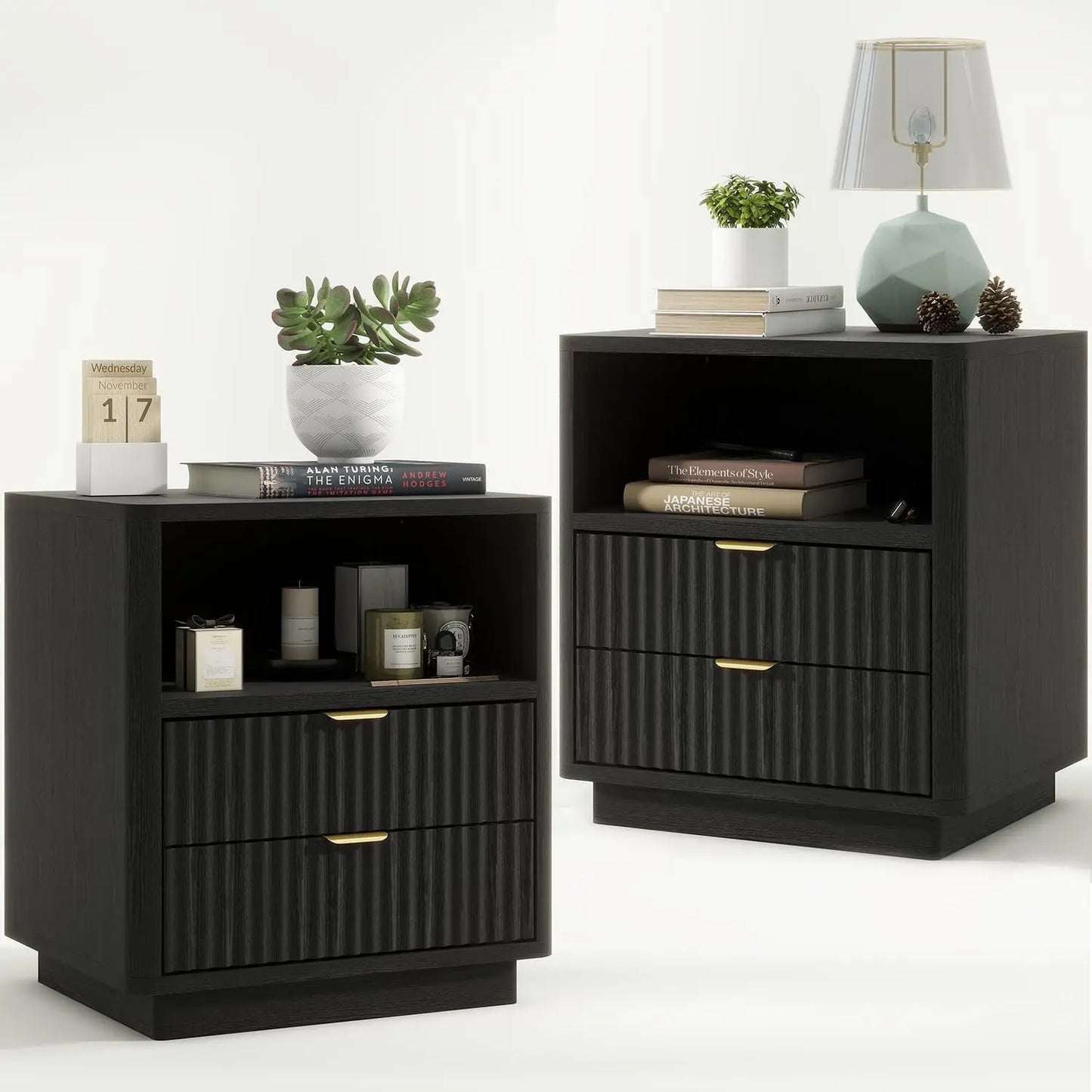 Fluted Nightstands Set of 2 Wooden Bedside Tables Modern Design