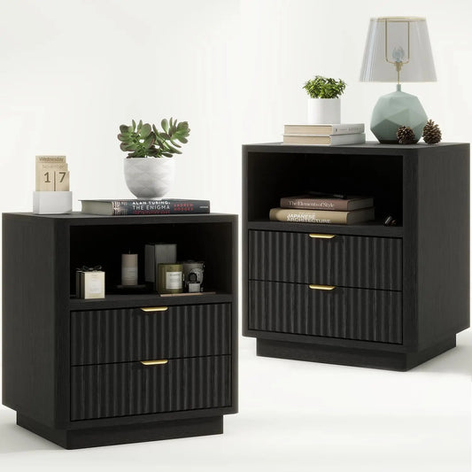 Fluted Nightstands Set of 2 Wooden Bedside Tables Modern Design