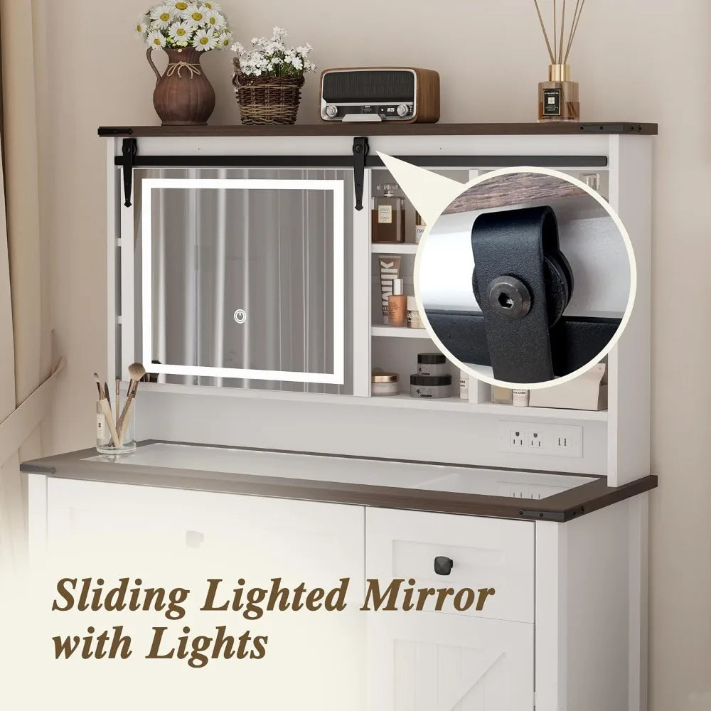 Glasstop Makeup Vanity Desk with Power Outlet Sliding Mirror 42" Farmhouse