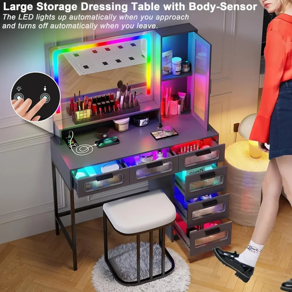 New Trend RGB Vanity Desk with Mirror LED Lights USB Wireless Charger