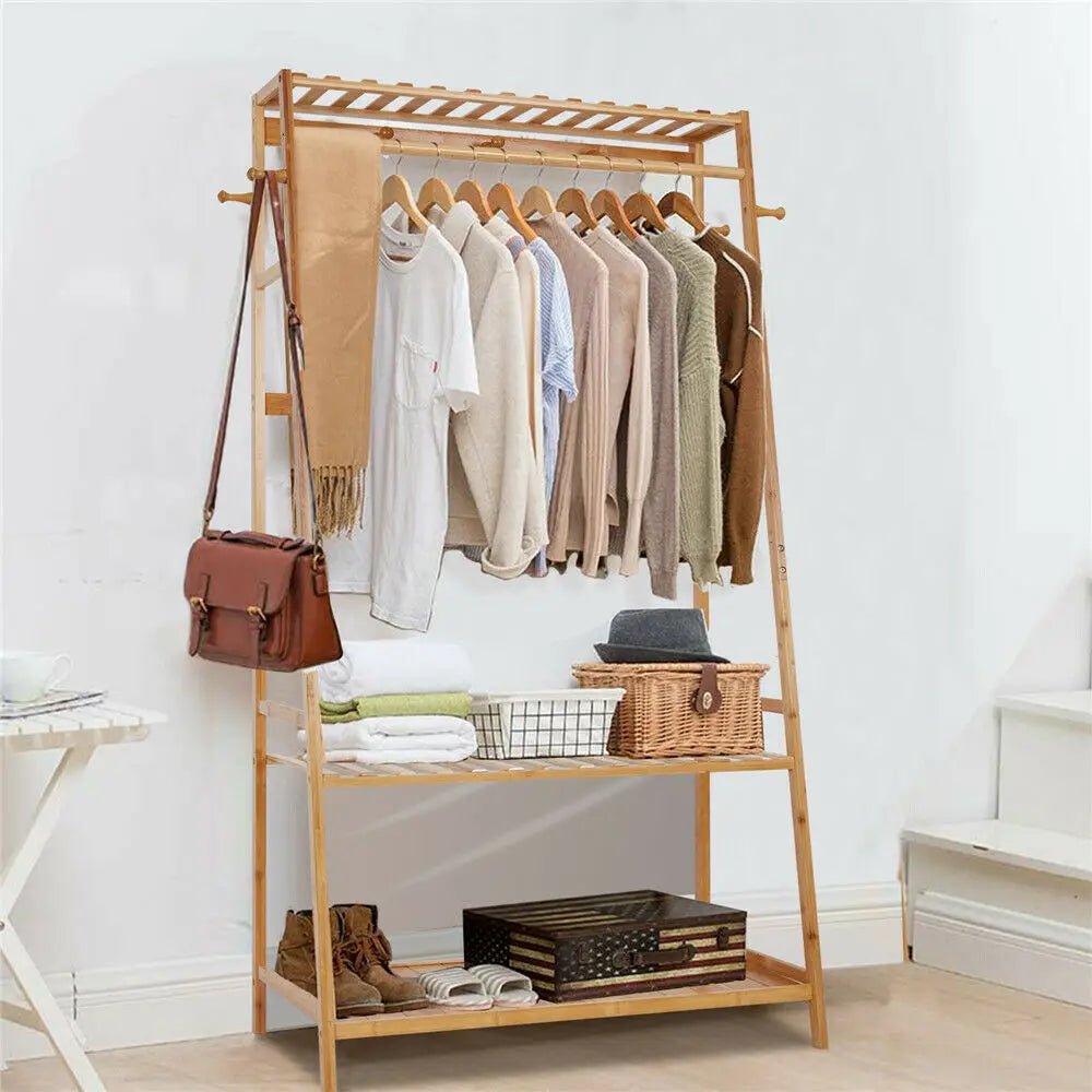 Bamboo Heavy Duty Coat Rack with Shoe Shelves Organizer