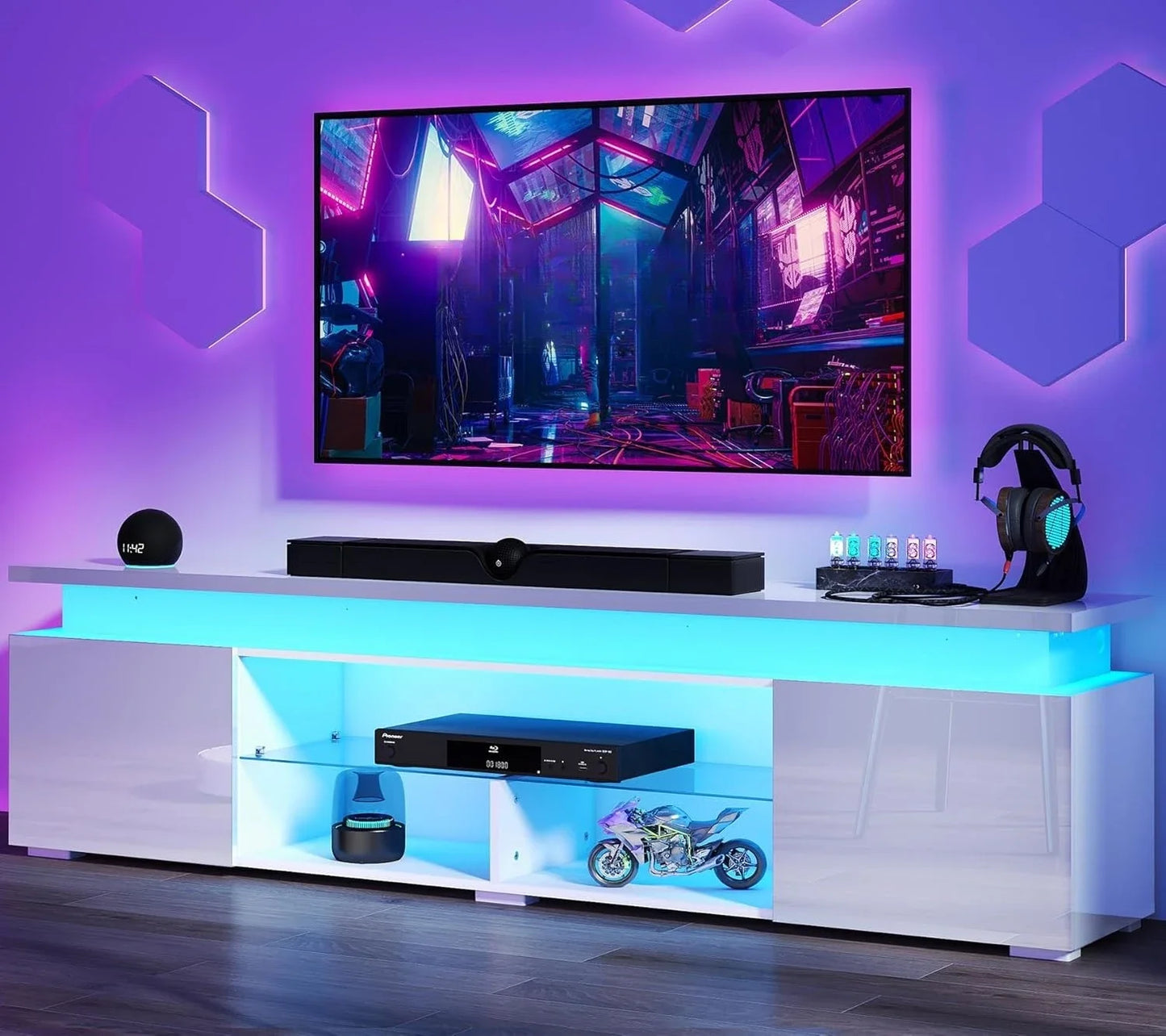 Sturdy Modern TV Stand for 85 Inch TVs with LED Lights and Power Outlet