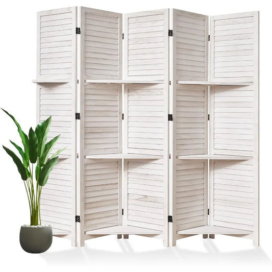 Room Divider with Shelves Folding Wood Screen 5 Panels for Home Office