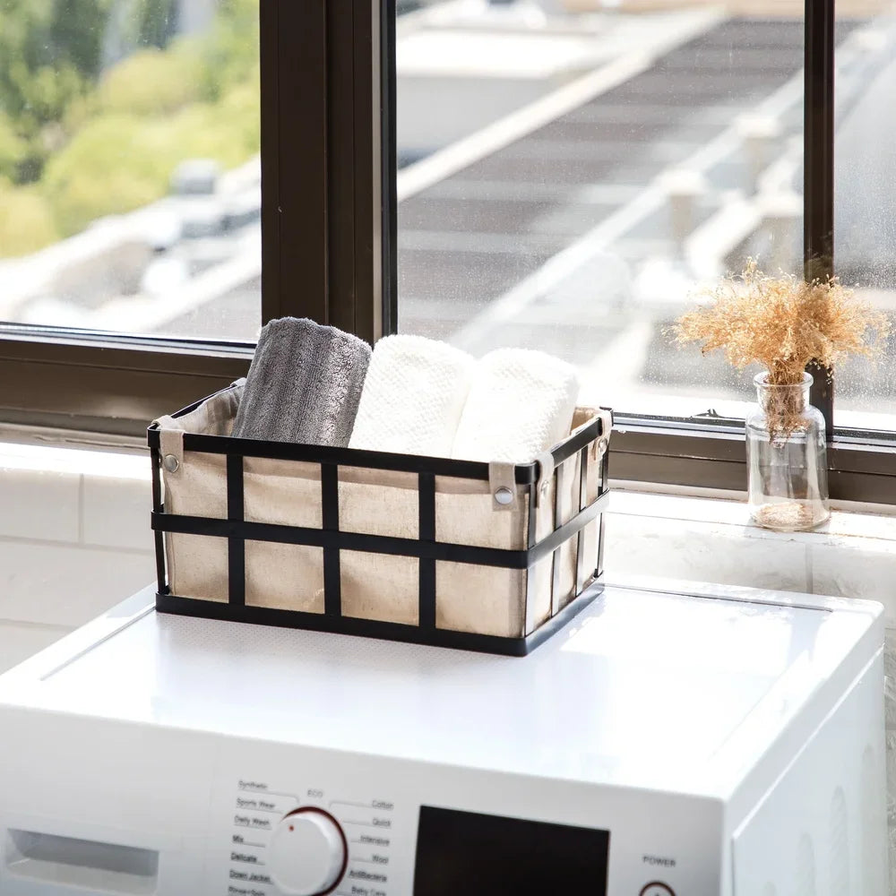 Black Metal Storage Basket with Removable Liner for Home Organization