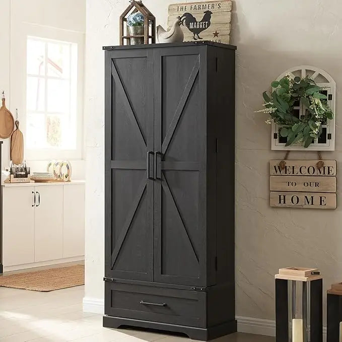 72 Inch Farmhouse Kitchen Pantry Cabinet with Drawer and Barn Doors