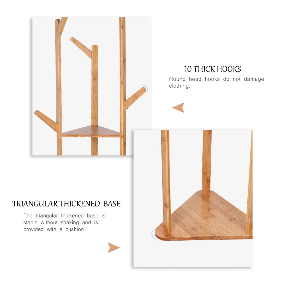 Bamboo Coat Rack Tree with 9 Hooks and 3-Layer Shelf Stand for Home