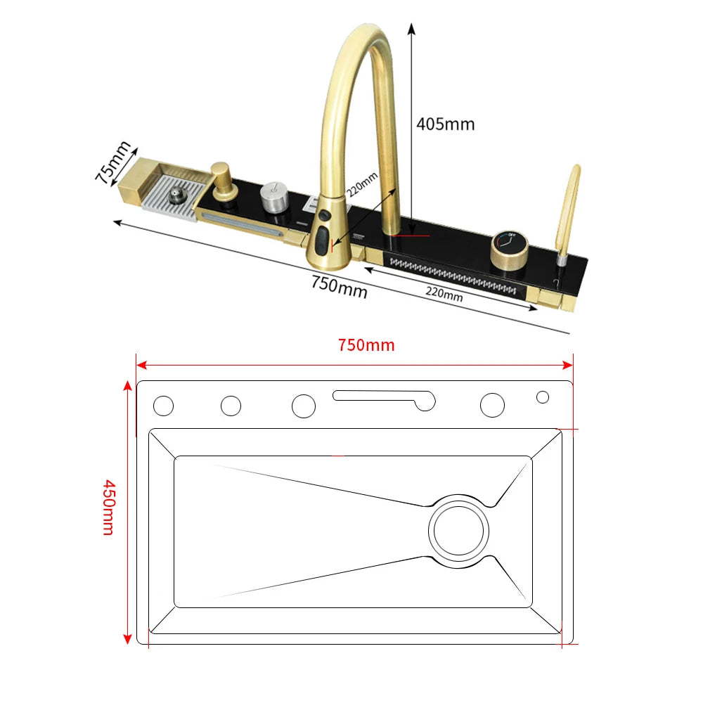 Gold Multifunctional Kitchen Waterfall Sink Digital Display 304 Stainless Steel