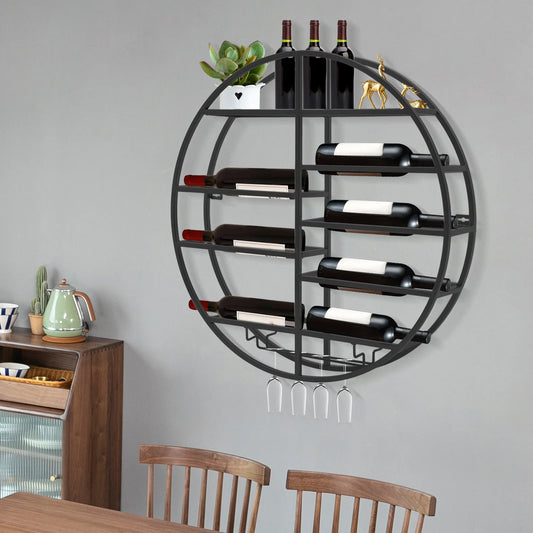Round Wall Mounted Wine Rack Modern Floating Organizer Black Metal