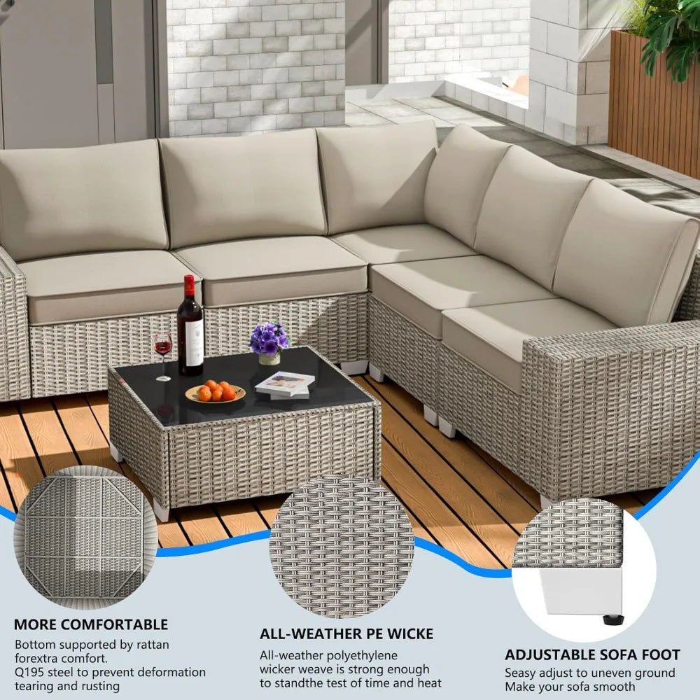 6-Piece All Weather Rattan Sectional Conversation Set with Cushions