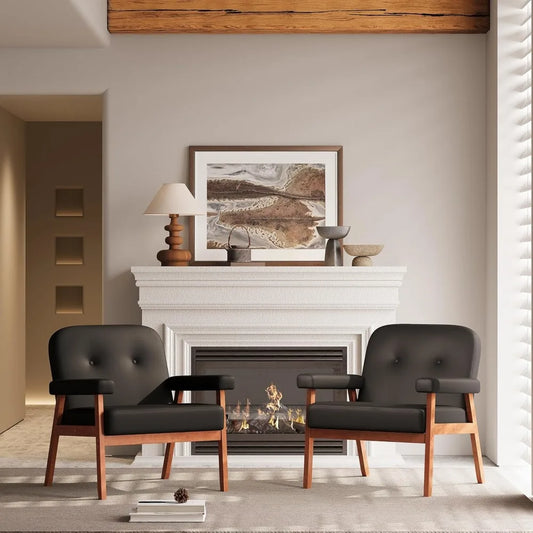 Black Leather Accent Chairs Mid Century Modern Set of 2 for Office Living