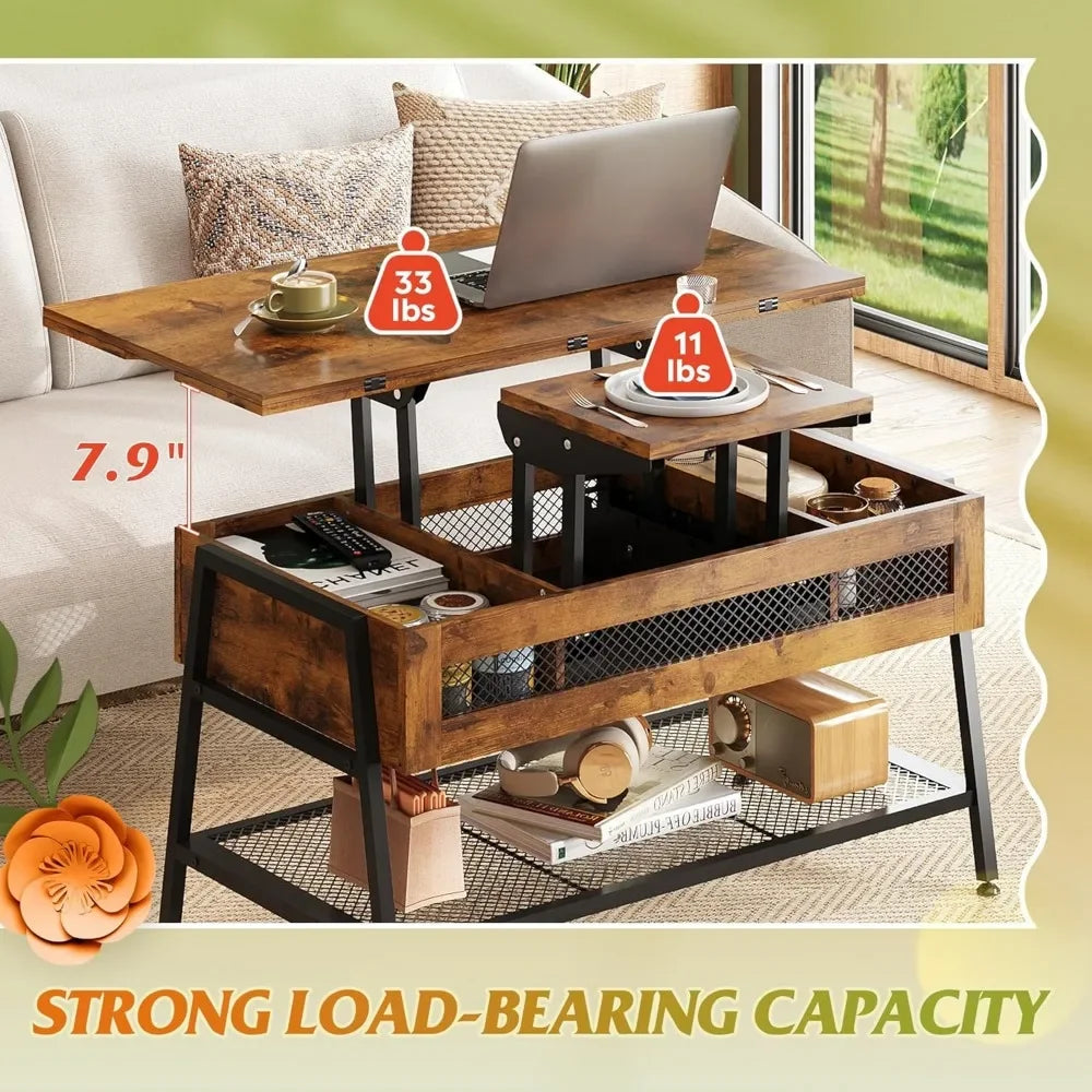 Rustic Brown 3-in-1 Lift Top Coffee Table Multi-Function Dining Table
