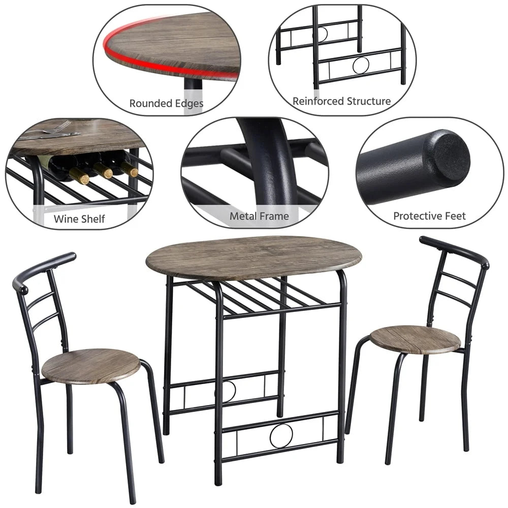 3 Piece Round Dining Table Set with Storage Rack for Kitchen Apartment Office