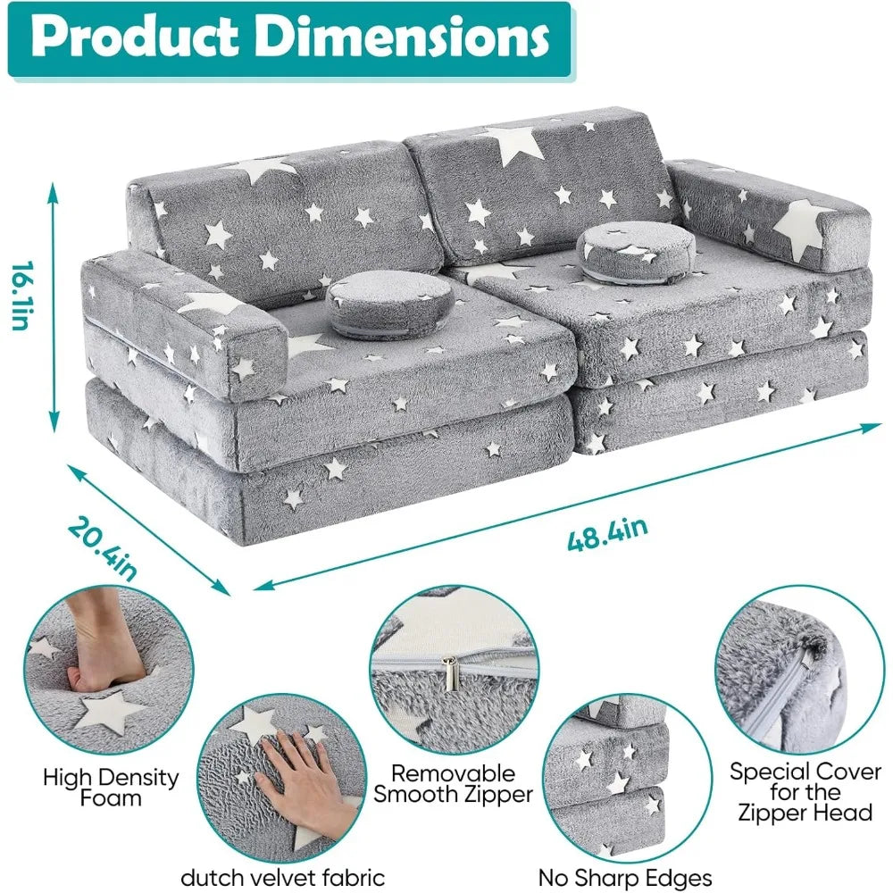 Modular Kids Play Couch 10PC Sofa Set Glow in Dark Foam Fort w/ Washable Cover