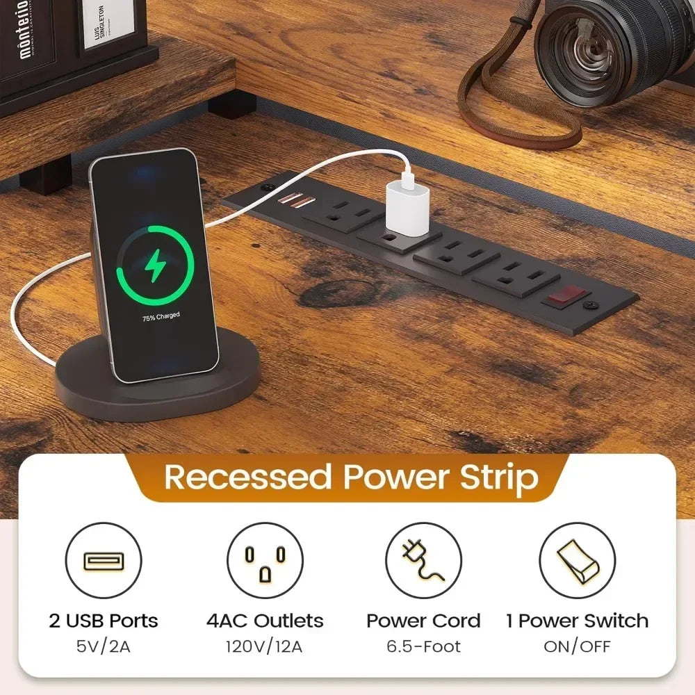 L-Shaped Office Desk with Monitor Rack and 6 Drawers for Home Office