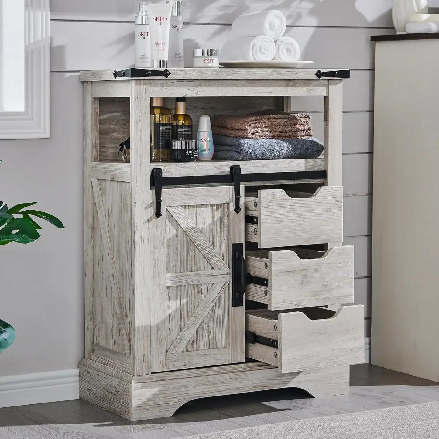 Bathroom Floor Cabinet Farmhouse Storage Cabinet with Sliding Door Drawers