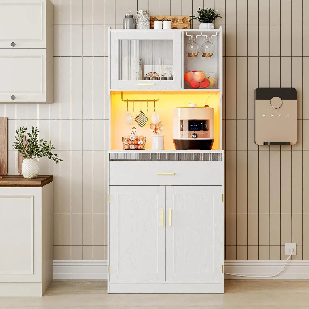 Ljustra Pantry Cabinet 67 Inch Kitchen Storage with LED Lights Charging Station