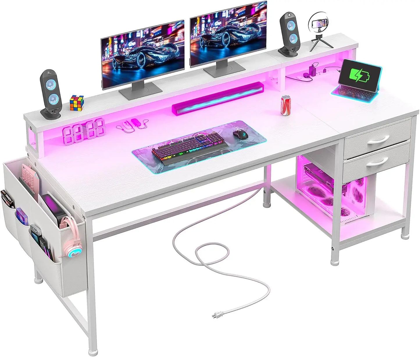 Ljustra Computer Desk with Drawers Storage Bag Power Outlets Monitor Stand