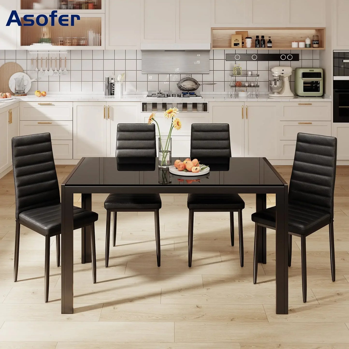 5 Piece Dining Table Set Glass Table PU Leather Chairs Black Modern