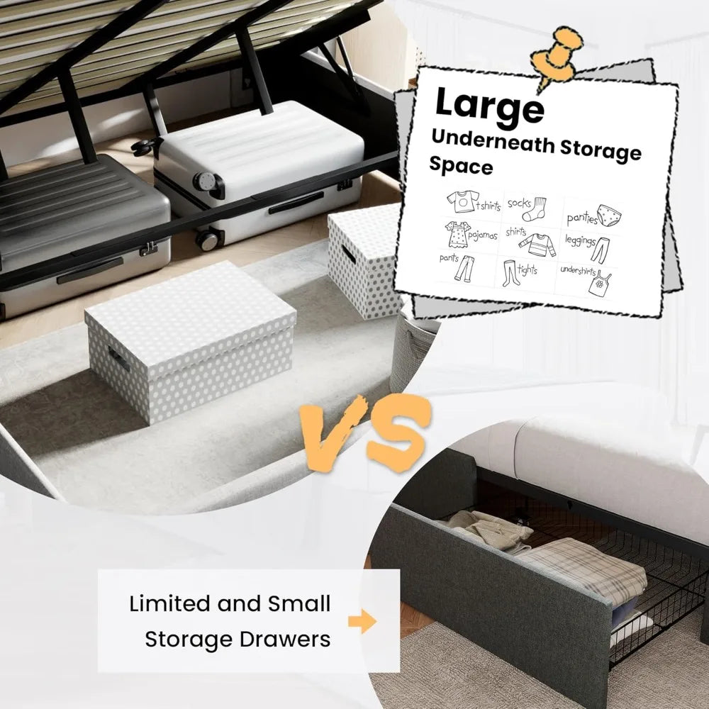 King Size Lift Up Storage Bed Modern Wingback Headboard Hydraulic