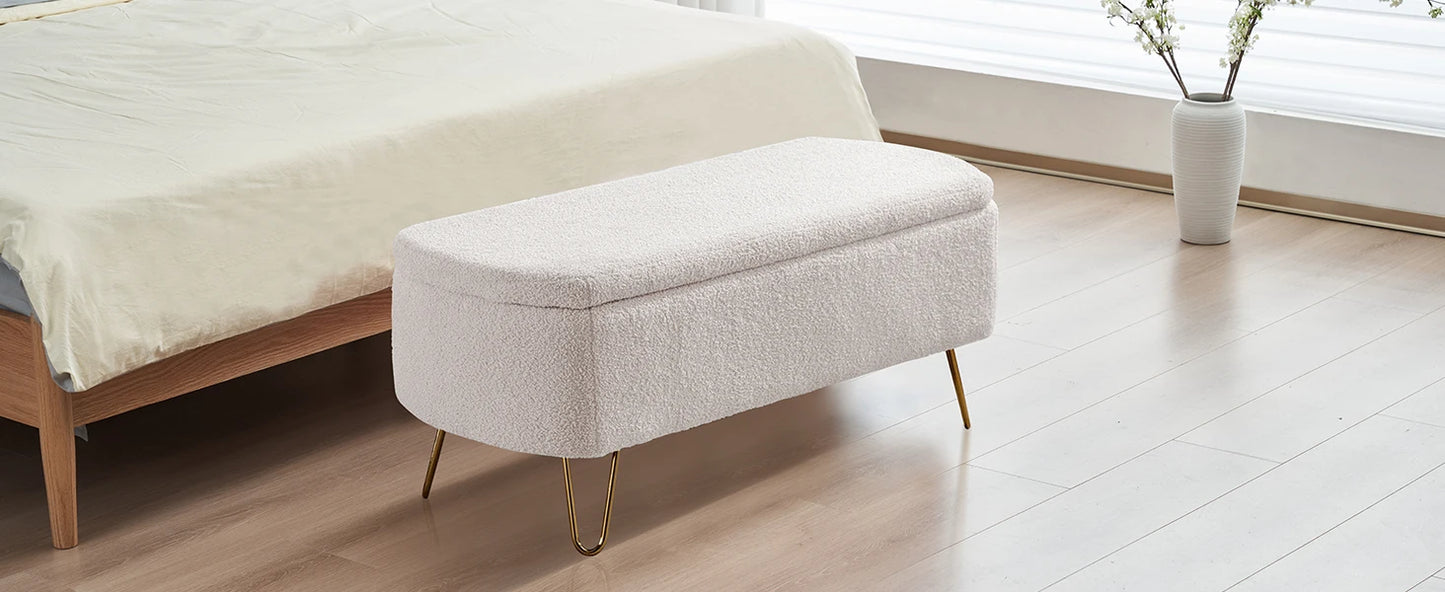 40 Inch Boucle Sherpa Ottoman Bench Storage Upholstered Gold Legs